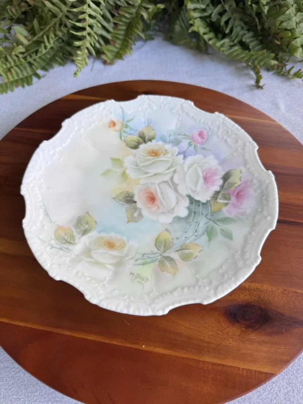 Bavarian Hand Painted Cabinet Plate – White Roses Signed M. Best